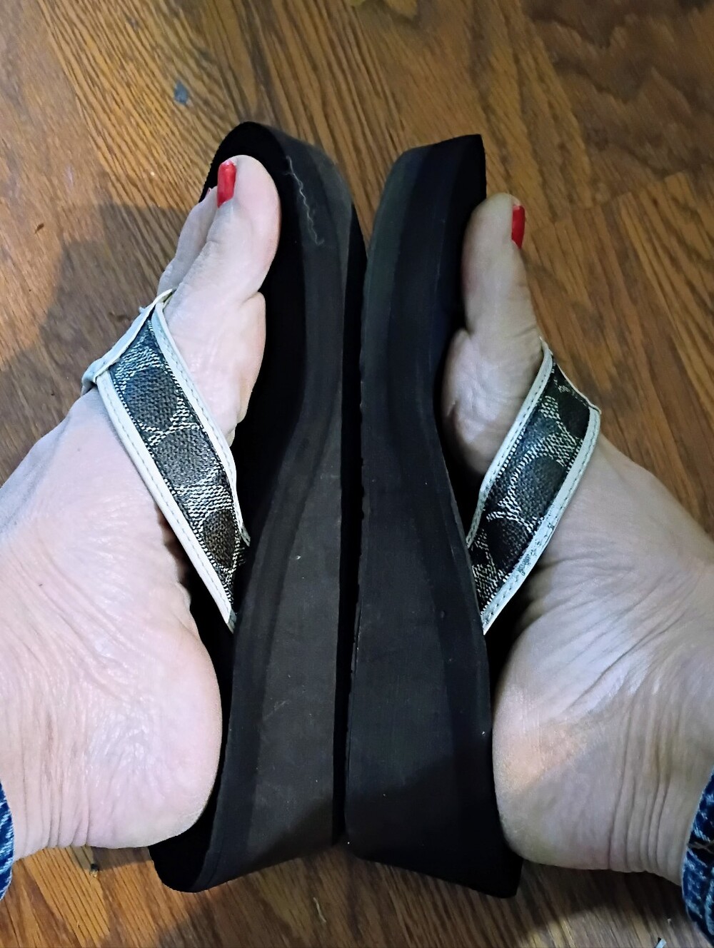 Coach Black Platform Thong Sandals with Patterned Straps